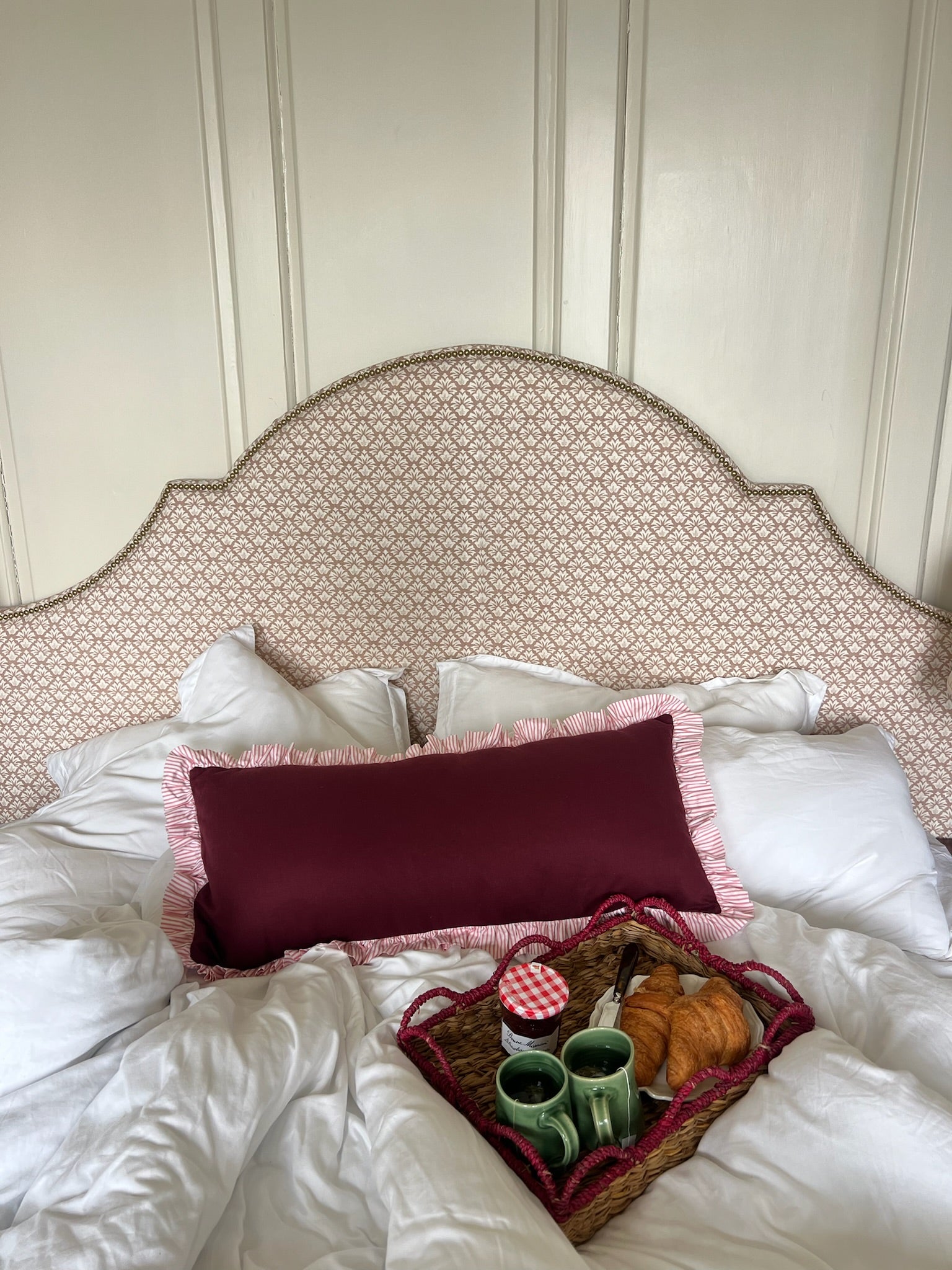 Burgandy ruffle pillow, big boy stripped pillow, breakfast in bed